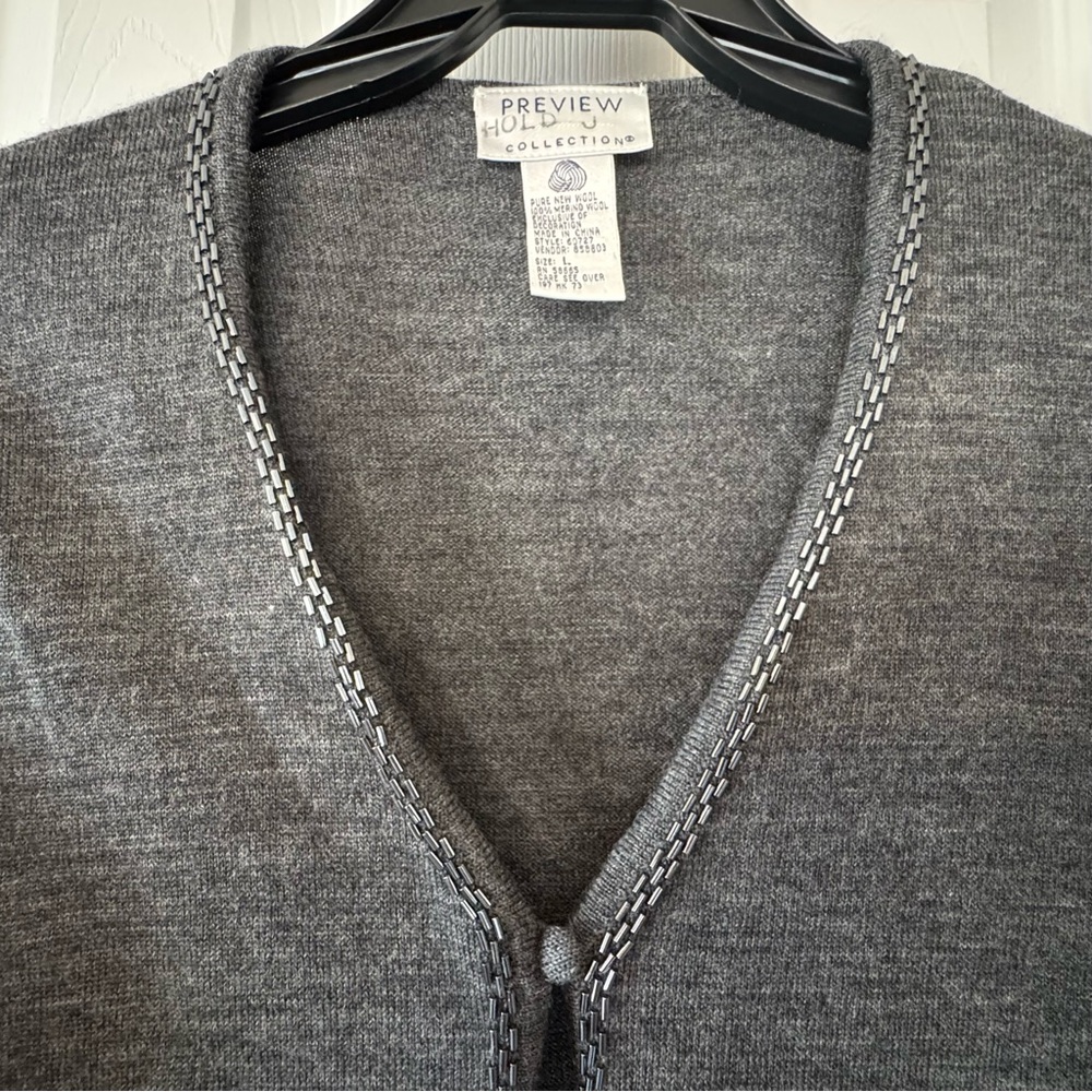 Preview Collection‎ Merino Wool Cardigan Charcoal Gray Beaded Size L Grandmacore